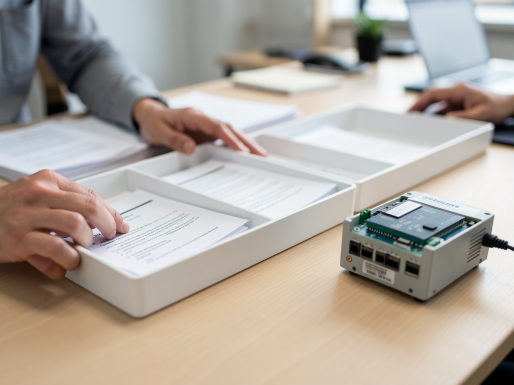 Organização de documentos em diferentes bandejas numa mesa de trabalho