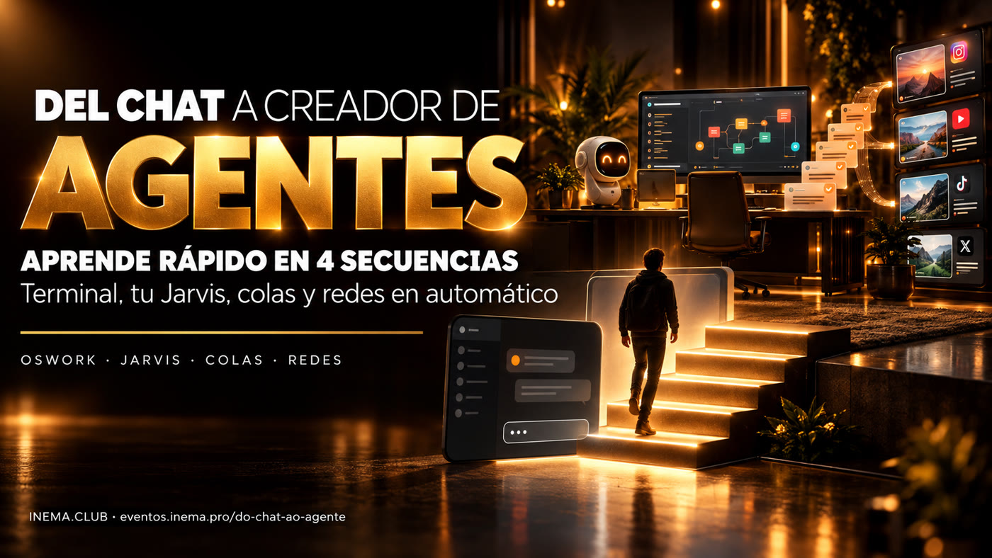 De chat a creador de agentes: aprende rápido en 4 secuencias — OSWork, Jarvis, colas y redes