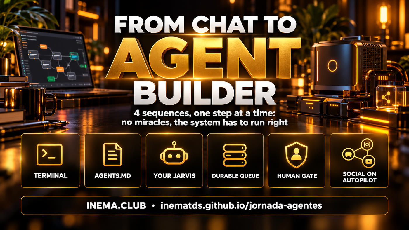 From Chat to Agent Creator: terminal, AGENTS.md, your Jarvis, durable queue, human approval gate, and automated social media