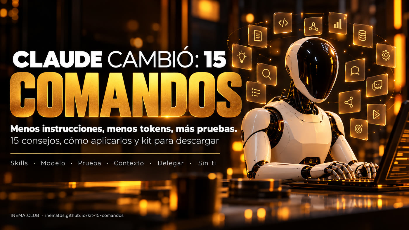 Banner: robot humanoide de visor negro trabajando en una mesa con quince tarjetas luminosas