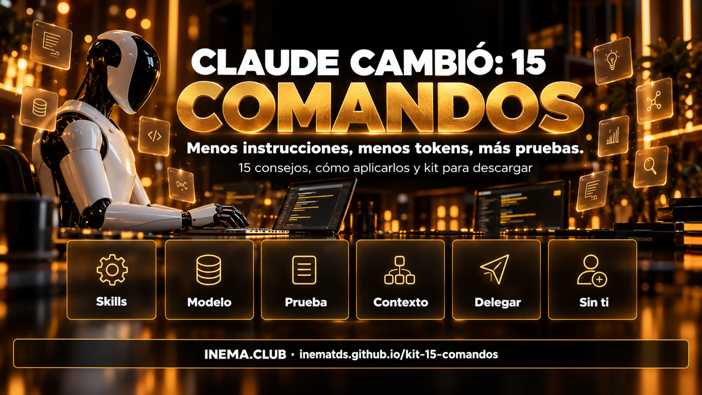 Banner en cuadrícula: skills, modelo, pruebas, contexto, delegación, sin ti