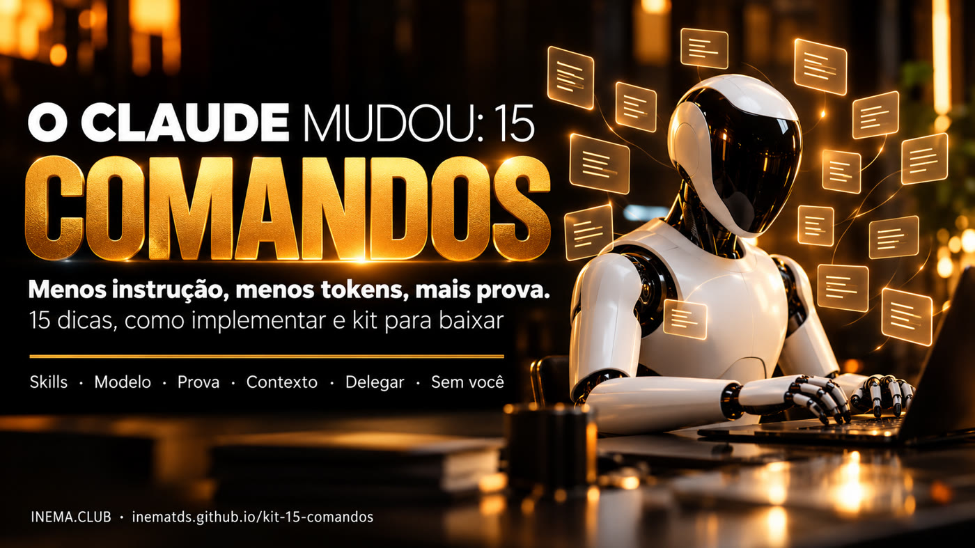 Banner: robô humanoide de visor preto trabalhando numa bancada com quinze cartões luminosos