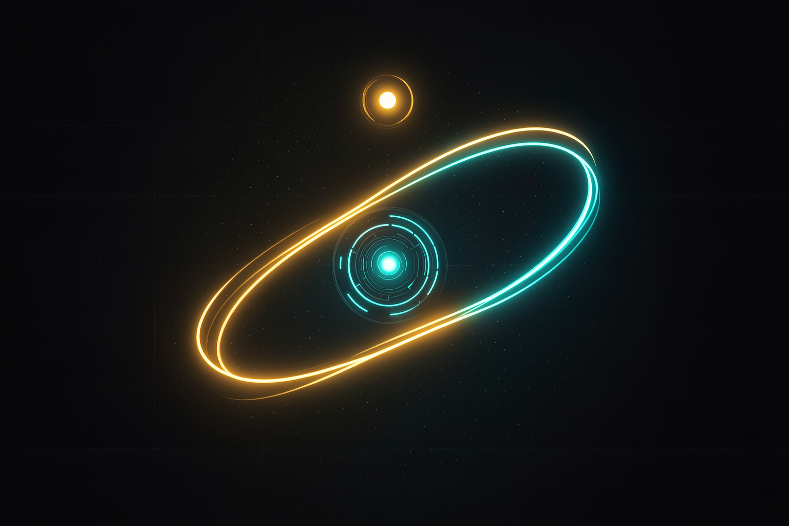 Uma fita luminosa dobrada num loop infinito com três nós orbitando — pensar, agir e observar — em âmbar e ciano sobre fundo escuro