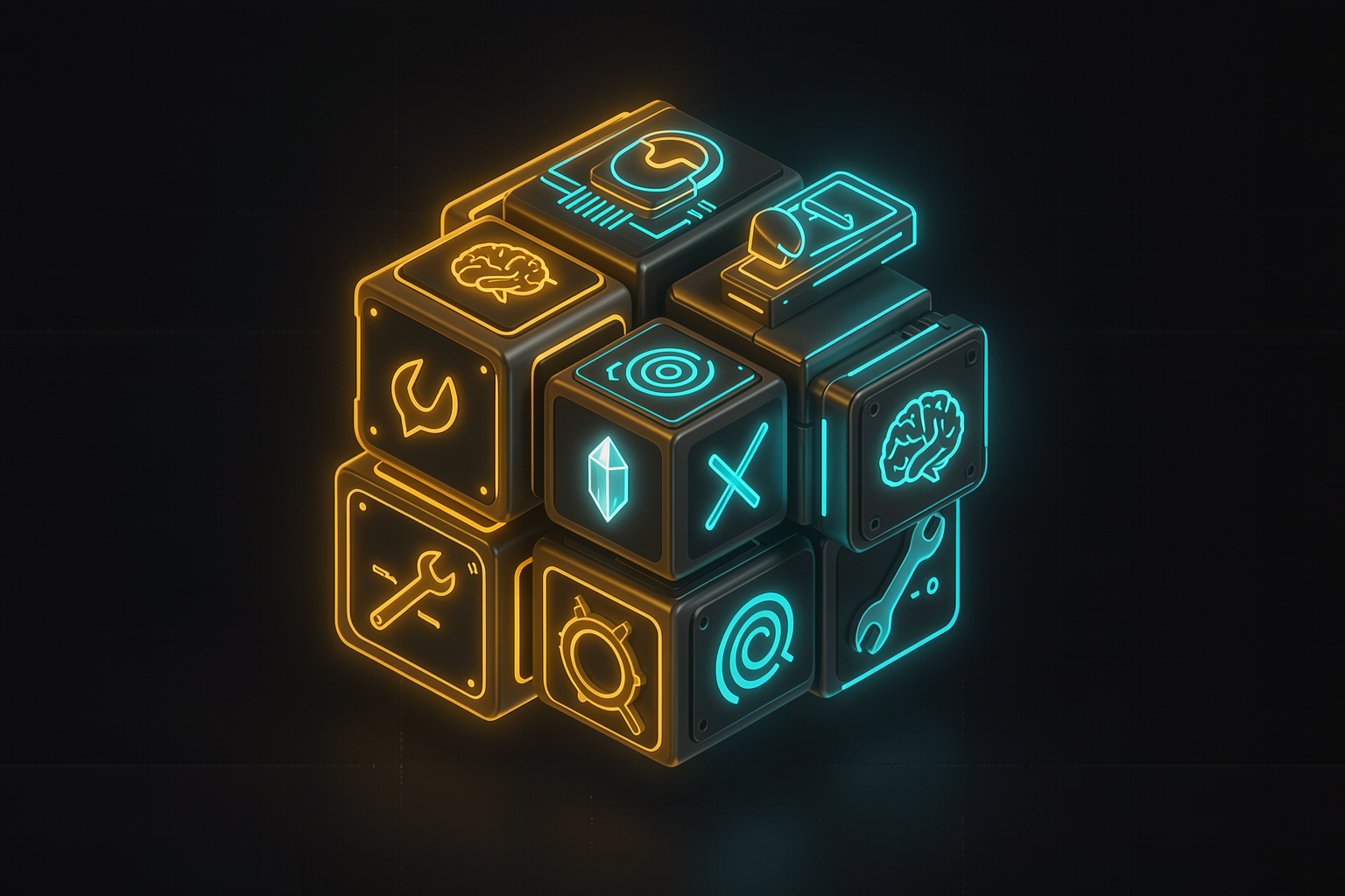 Seis blocos luminosos — chip, chave, cristal de memória, alvo, lupa e freio — se encaixando numa só máquina