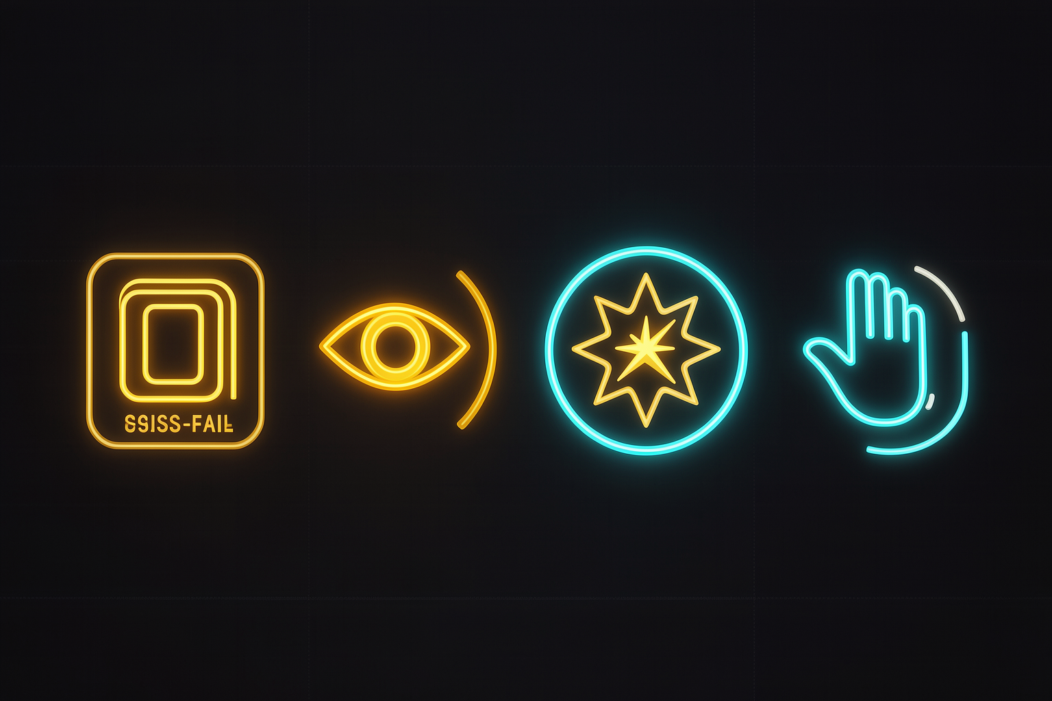 Os quatro tipos de check em fileira: functional com um sinal verde de teste, visual com um olho, judgment com uma rubrica, you-decide com uma mão humana