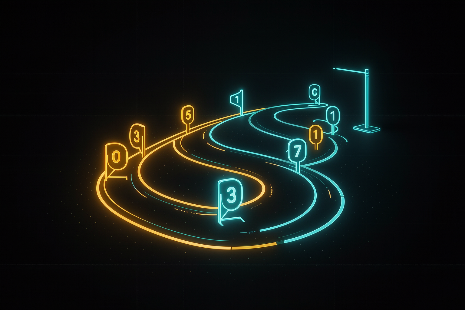 Um caminho luminoso de sete marcos numerados que leva de uma tarefa até um loop rodando