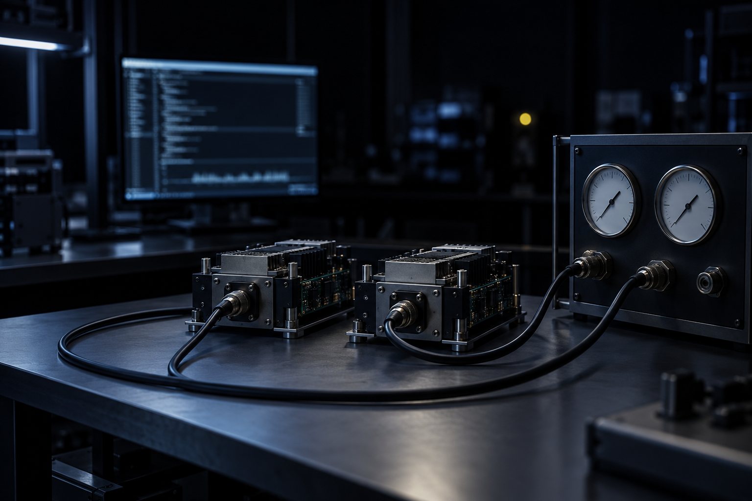 Laboratorio oscuro con dos módulos de circuito lado a lado conectados a un indicador analógico y un cable en lazo; título del curso a la izquierda.