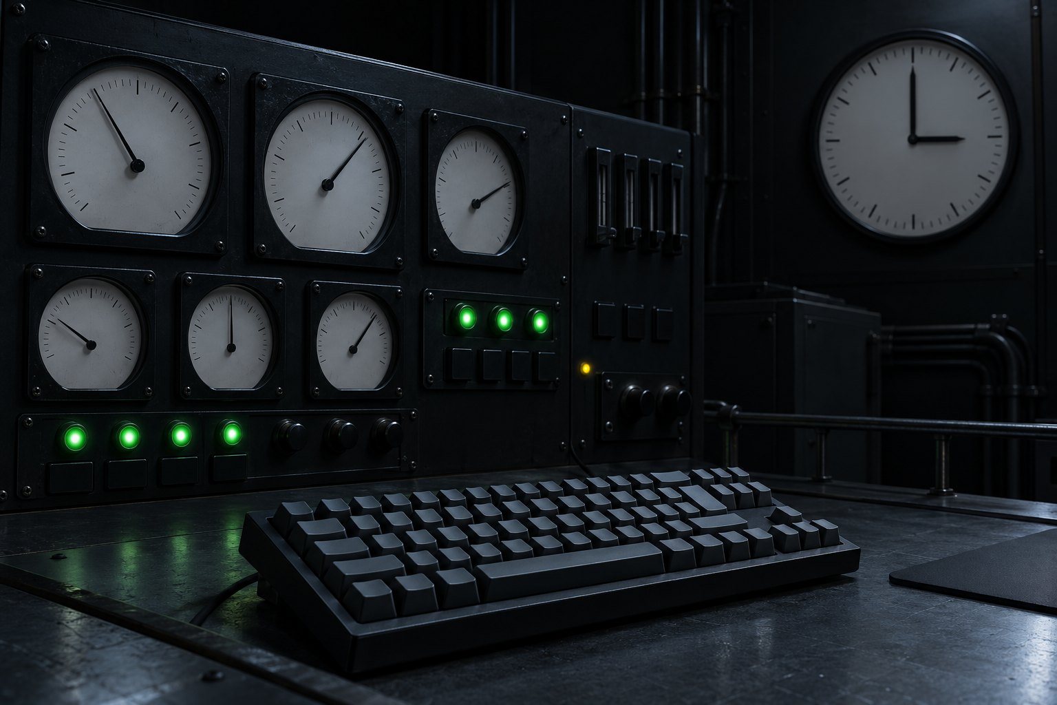 Banco de ingeniería de noche con terminal, panel de instrumentos y un cable en lazo.