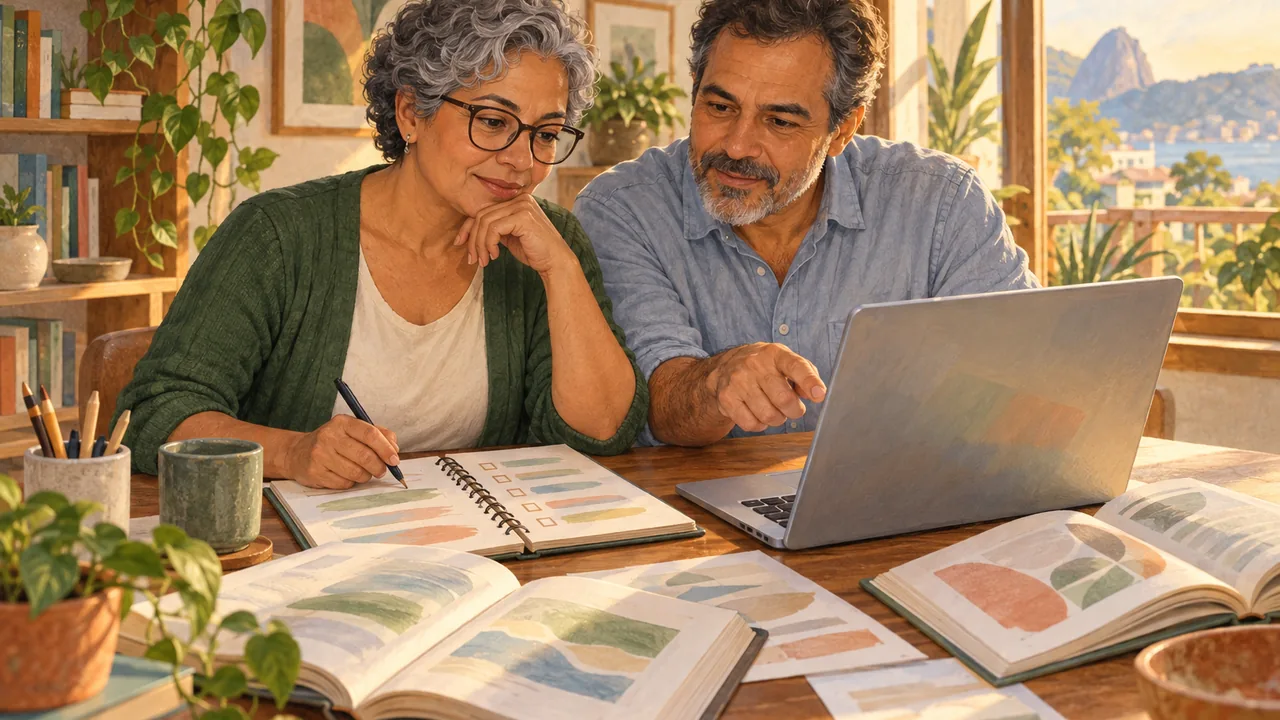 Marta e Rui lado a lado num escritório de casa, diante de um notebook, com livros abertos e um caderno com uma lista de regras, conferindo juntos.