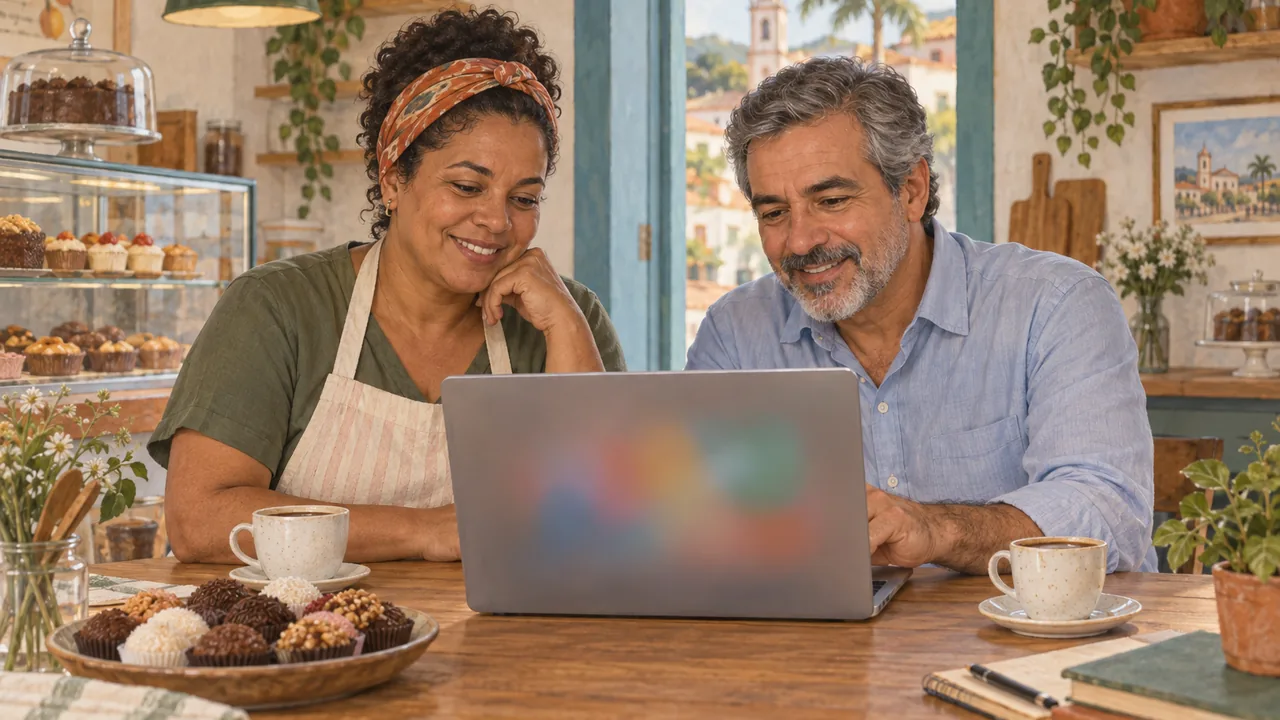 Uma confeiteira e um corretor de imóveis, lado a lado, olham um notebook que mostra formas coloridas em movimento.
