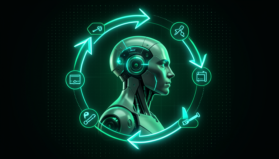 Ilustração de um agente de IA trabalhando: um núcleo de inteligência repete o ciclo de observar a situação, decidir o próximo passo e agir com suas ferramentas, até concluir a tarefa.