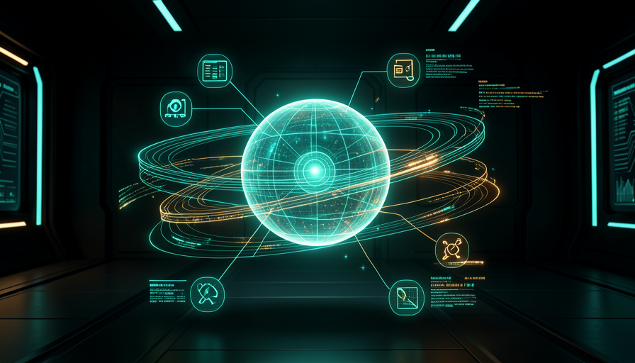 Uma esfera de IA brilhante flutua numa sala futurista, ligada por fios de luz a ícones de apps — a imagem do seu futuro assistente pessoal, o Jarvis.