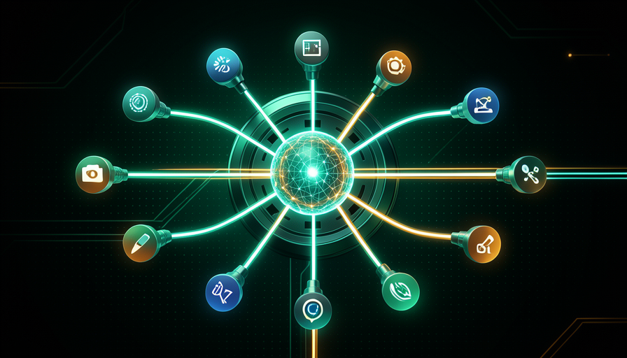 Uma IA central irradia conexoes luminosas para varios icones de servicos ao redor — e-mail, planilha, agenda, arquivos, web — cada conexao representando um conector que da um novo poder a IA.