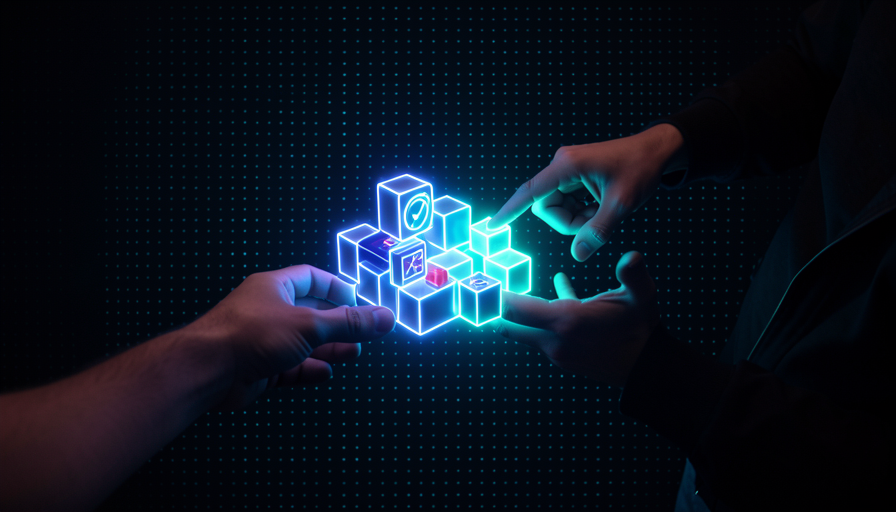 Uma bancada de trabalho futurista onde uma peça simples acaba de ser montada e acende — a imagem do seu primeiro build dirigido saindo do plano e entrando em funcionamento.
