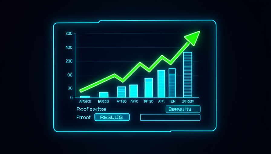 Uma tela mostrando um case de resultado: um gráfico com a barra subindo, um número em destaque e um selo de verificado — a prova pronta pra ser publicada.