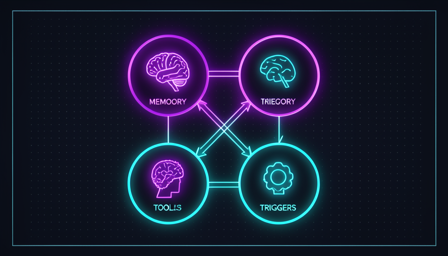 Diagrama de um Jarvis: um nucleo central de IA ligado por linhas de luz a quatro blocos rotulados cerebro, memoria, skills e gatilhos.