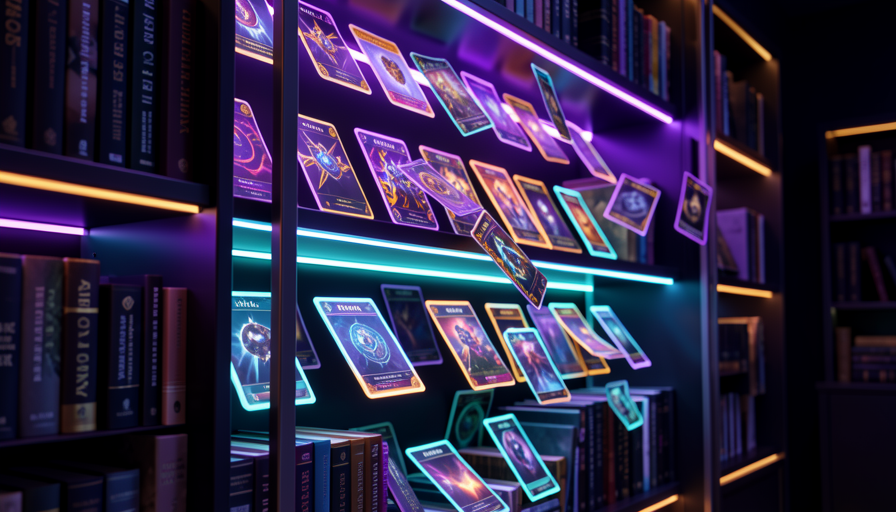 Uma estante futurista iluminada em roxo, cheia de cartoes de skills brilhantes prontos pra usar — a biblioteca de skills do seu Jarvis.