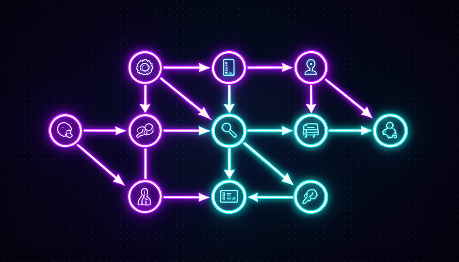 Ilustração de uma esteira de produção de conteúdo: uma ideia entra de um lado e sai como roteiro, texto e imagem encadeados, representando um workflow pronto.