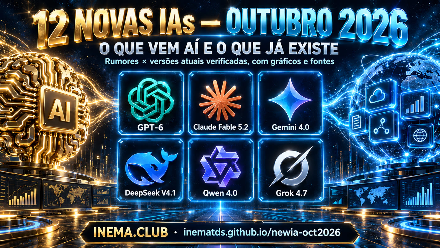 Banner: 12 novas IAs — outubro 2026, rumores × versões atuais verificadas