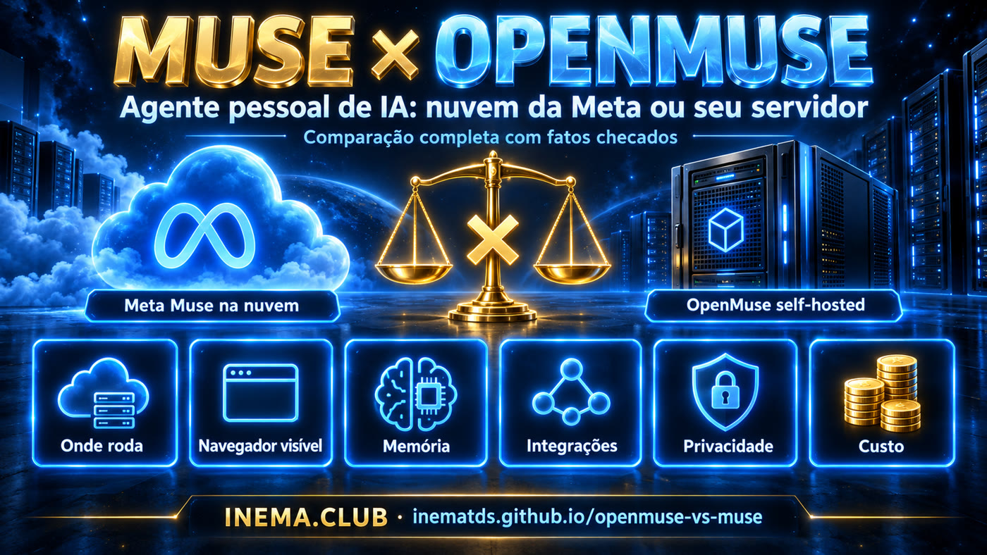 Banner Muse × OpenMuse: agente pessoal de IA na nuvem da Meta ou no seu servidor