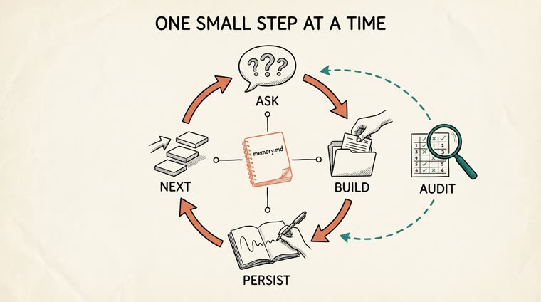 O loop de treino: perguntar, construir, persistir, próximo, com a auditoria realimentando o ciclo