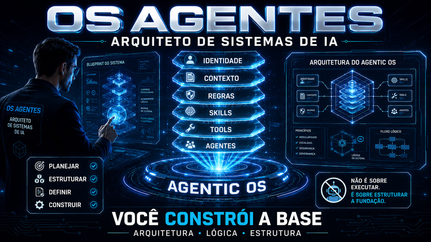 OS Agentes — as seis camadas Identidade, Contexto, Regras, Skills, Tools e Agentes formando o Agentic OS