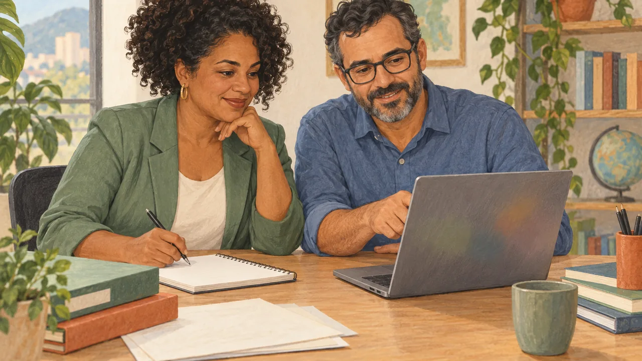 A manager and a teacher side by side at a tidy work table, with folders, a notebook, and a laptop.