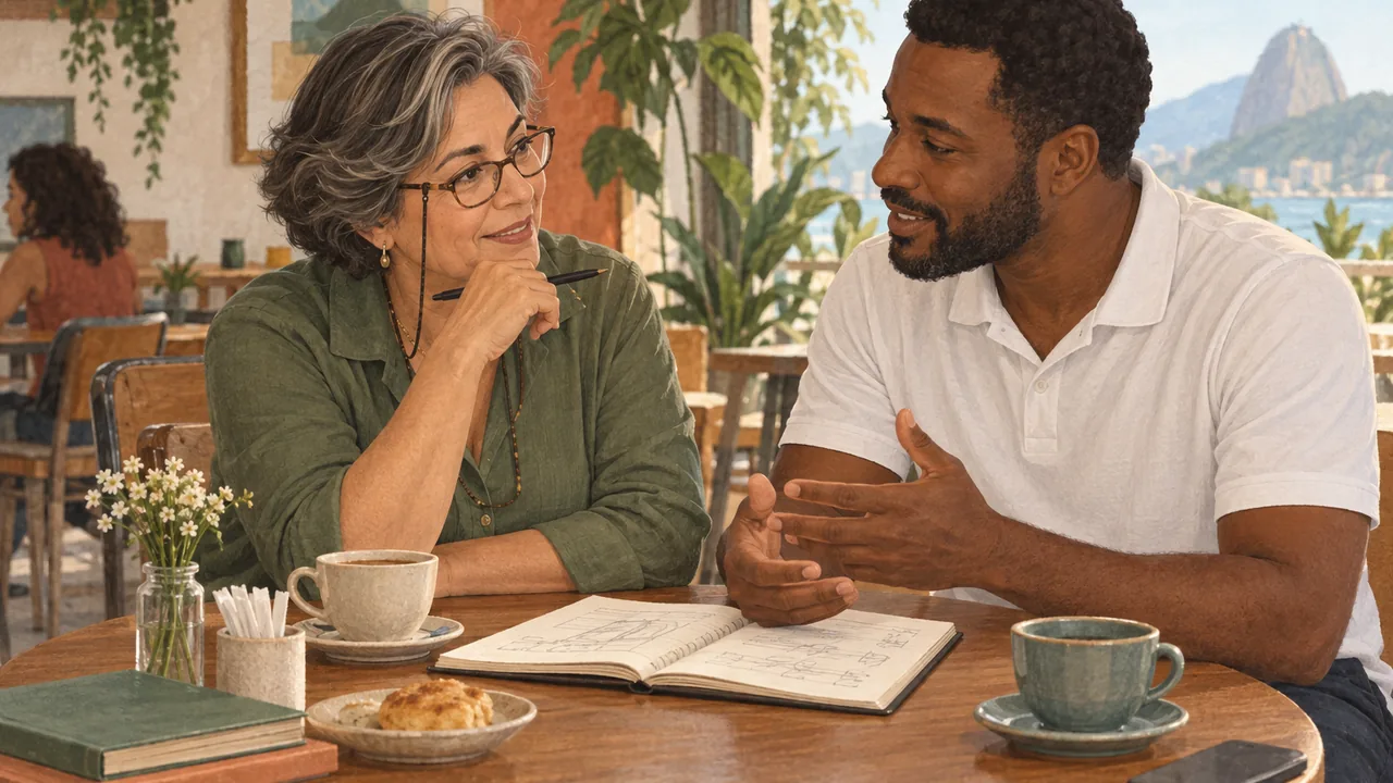 Uma contadora e um fisioterapeuta conversam numa mesa de café, com um caderno aberto entre os dois, discutindo uma ideia.