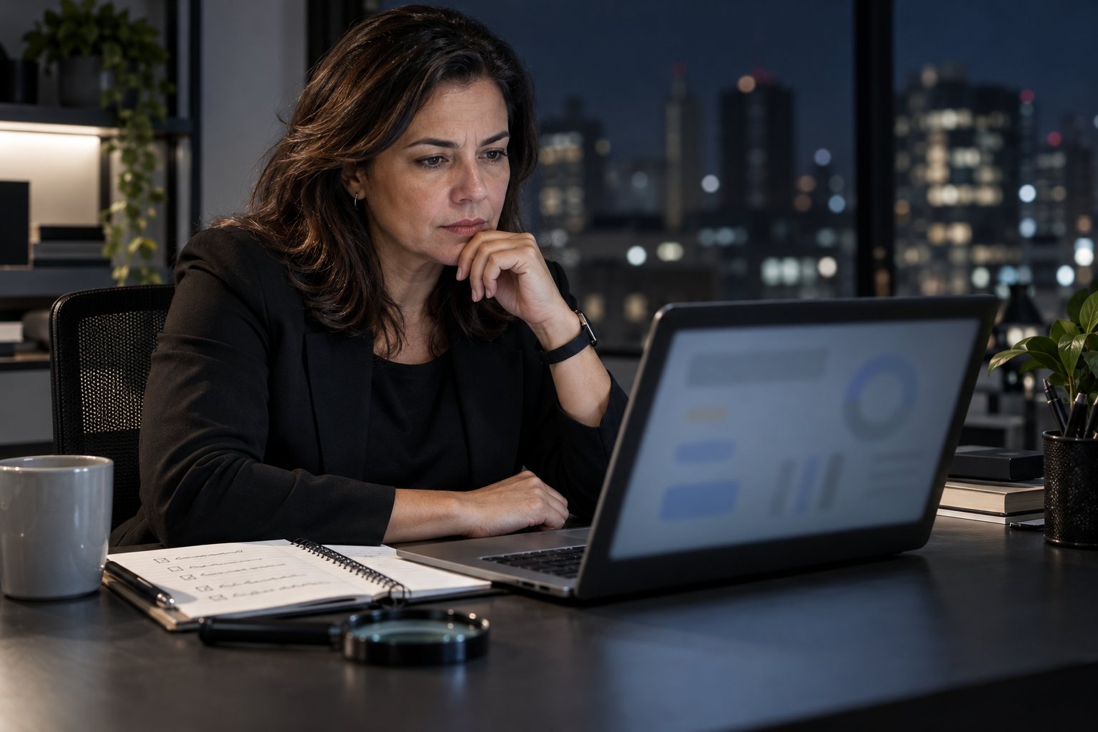 Confiar no que a IA constrói — Profissional 2030, Base comum. Uma profissional examina com uma lupa um aplicativo no notebook.