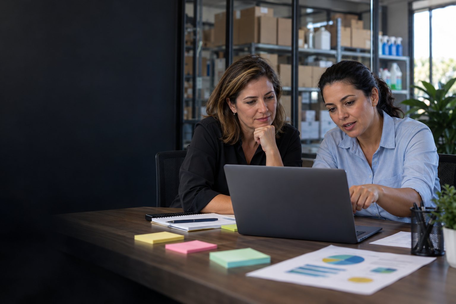 Mentor de IA: uma mentora e uma gerente comercial revisam um protótipo no notebook; o técnico de TI ao fundo.