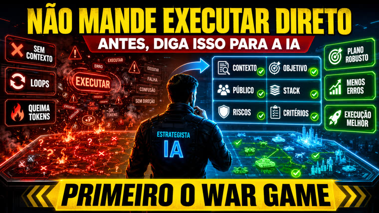 Infográfico: não mande executar direto, primeiro o war game — contexto, objetivo, público, stack, riscos e critérios antes de qualquer plano