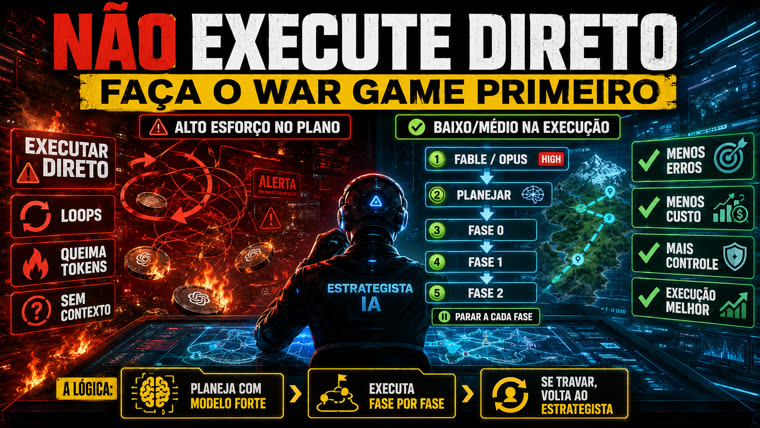 Infográfico: não execute direto, faça o war game primeiro — planejar com modelo forte, fase 0, fase 1, fase 2, parando a cada fase
