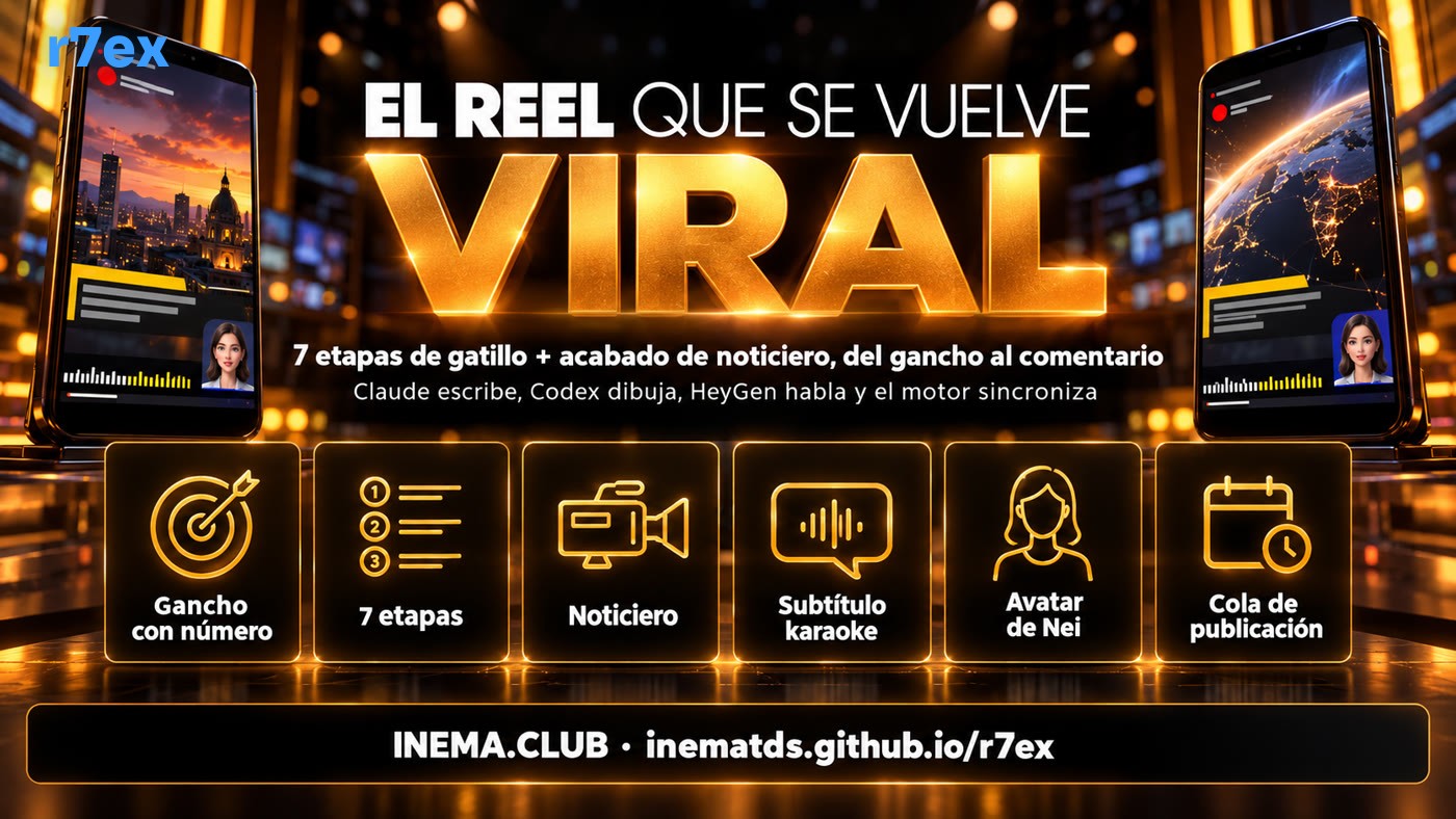 Las partes de r7ex: gancho con número, 7 etapas, noticiero, karaoke, avatar y cola