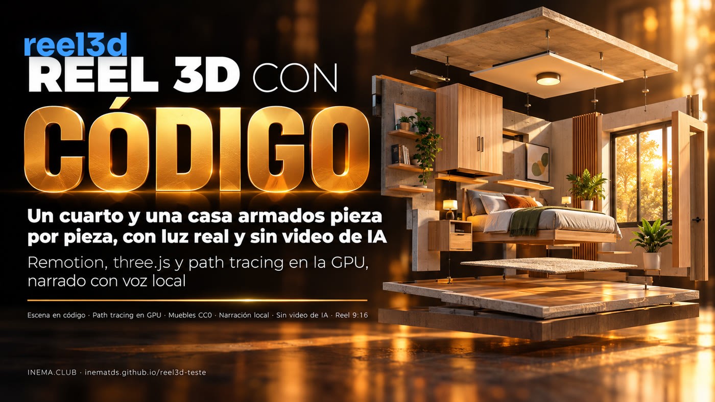 Banner: reel 3D por código, cuarto armado pieza por pieza