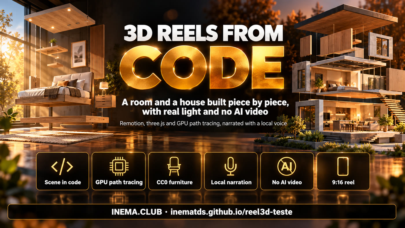 Banner with the parts of the project: scene in code, path tracing, CC0 furniture, local narration