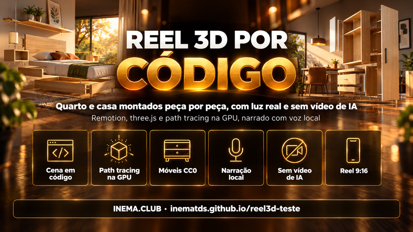 Banner com as partes do projeto: cena em código, path tracing, móveis CC0, narração local