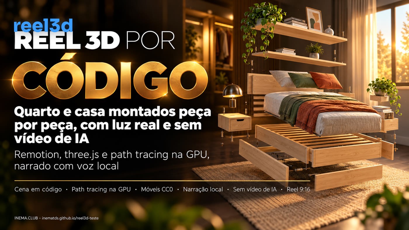 Banner: reel 3D por código, quarto montado peça por peça