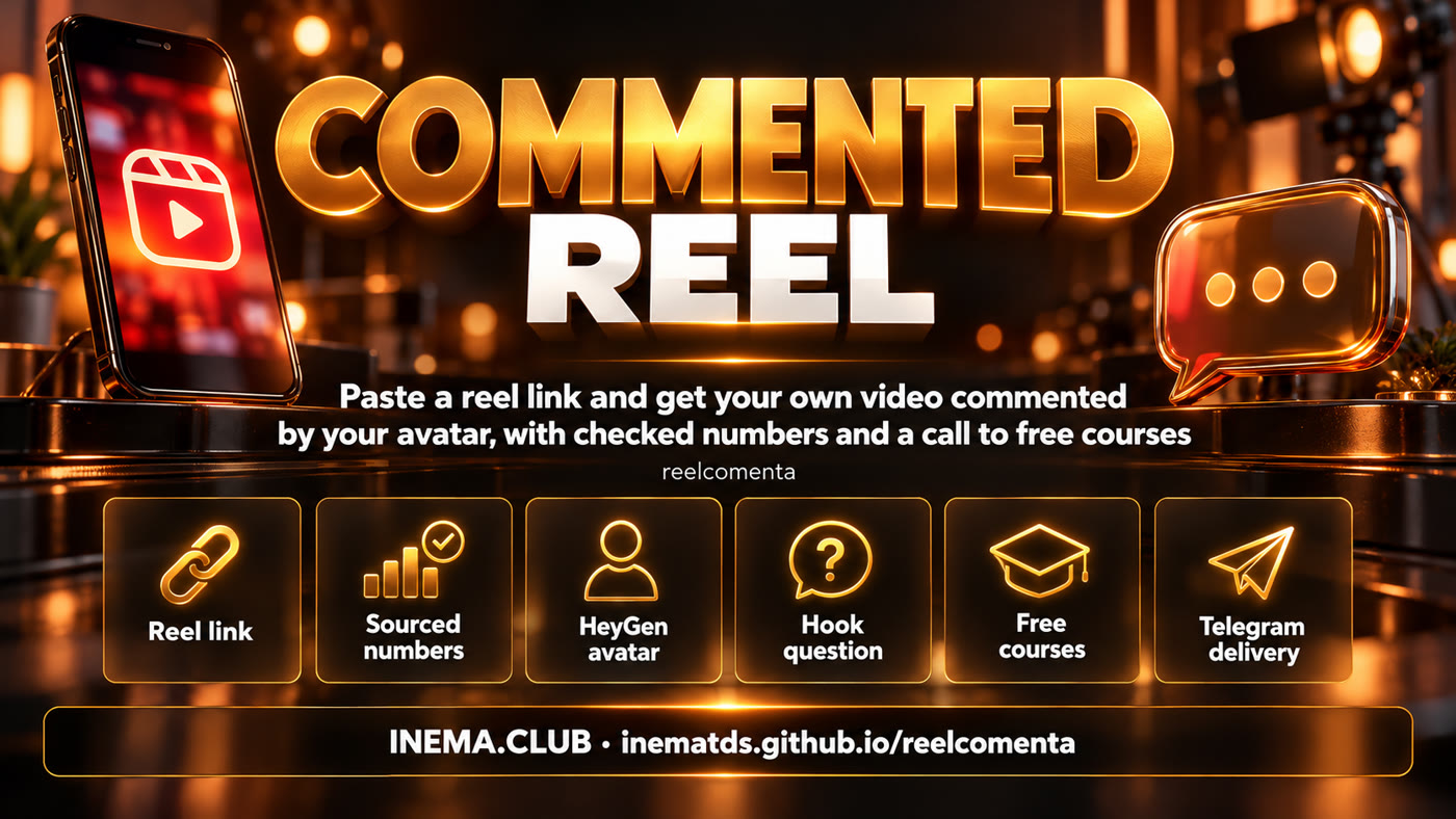 Parts of reelcomenta: link, sourced numbers, avatar, question, free courses and delivery on Telegram