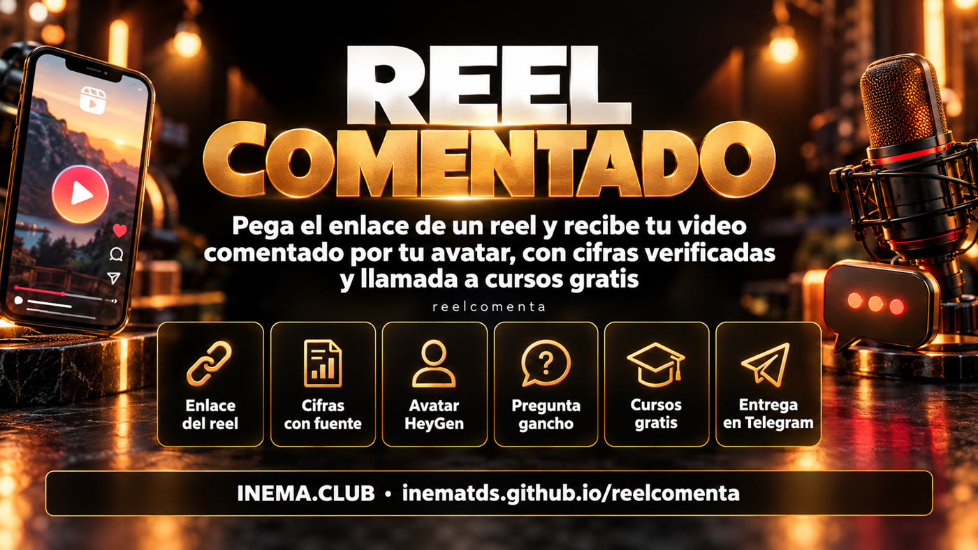 Partes de reelcomenta: enlace, cifras con fuente, avatar, pregunta, cursos gratis y entrega por Telegram