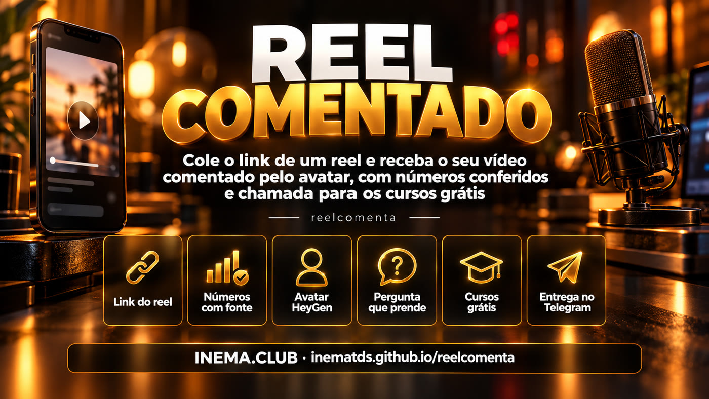 Partes do reelcomenta: link, números com fonte, avatar, pergunta, cursos grátis e entrega no Telegram