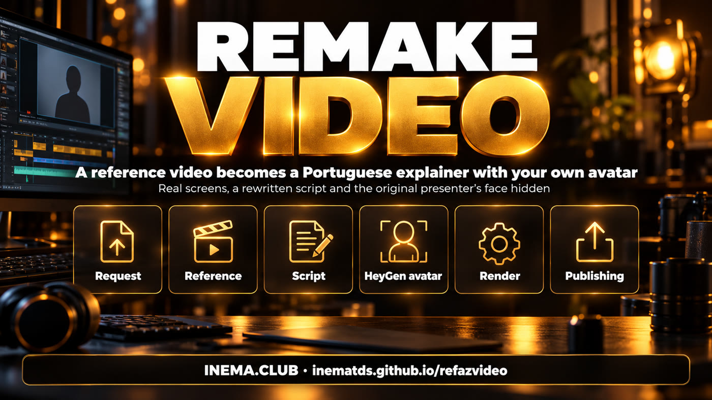 The refazvideo stages: request, reference, script, avatar, render and publishing