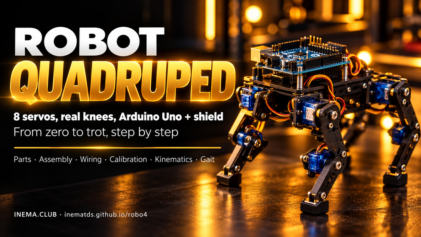 robo4 banner: quadruped robot with 8 servos, Arduino Uno, and shield