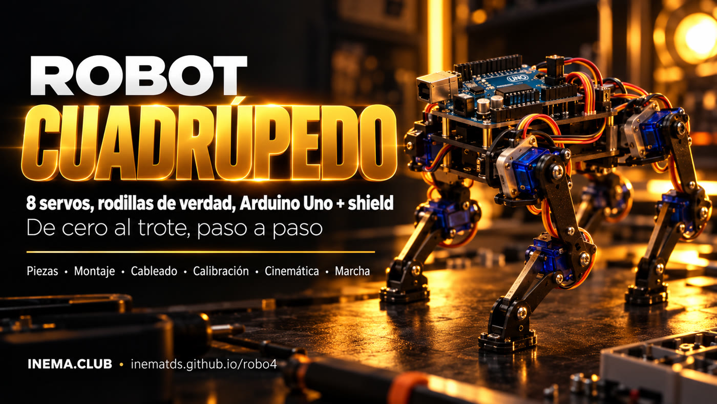 Banner de robo4: robot cuadrúpedo con 8 servos, Arduino Uno y shield