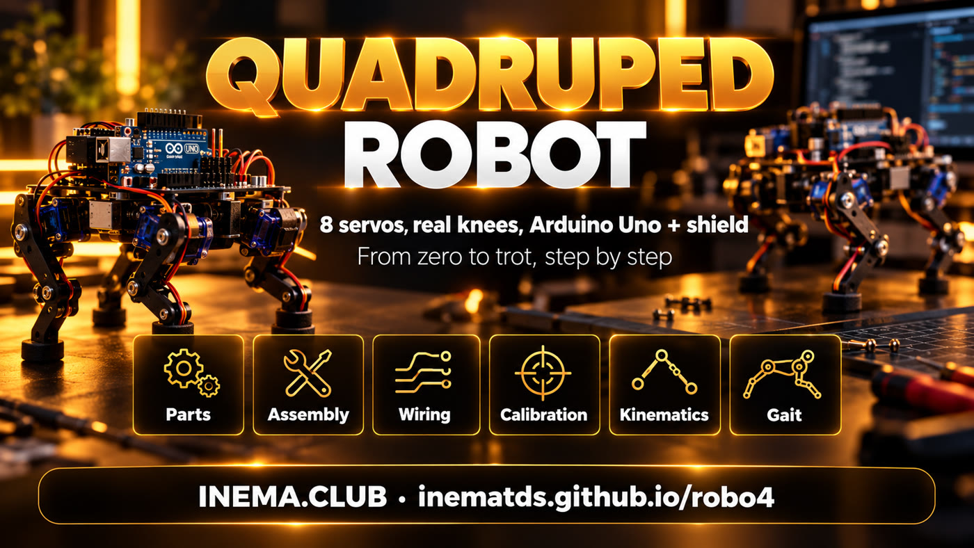 robo4 stages: parts, assembly, wiring, calibration, kinematics, and gait
