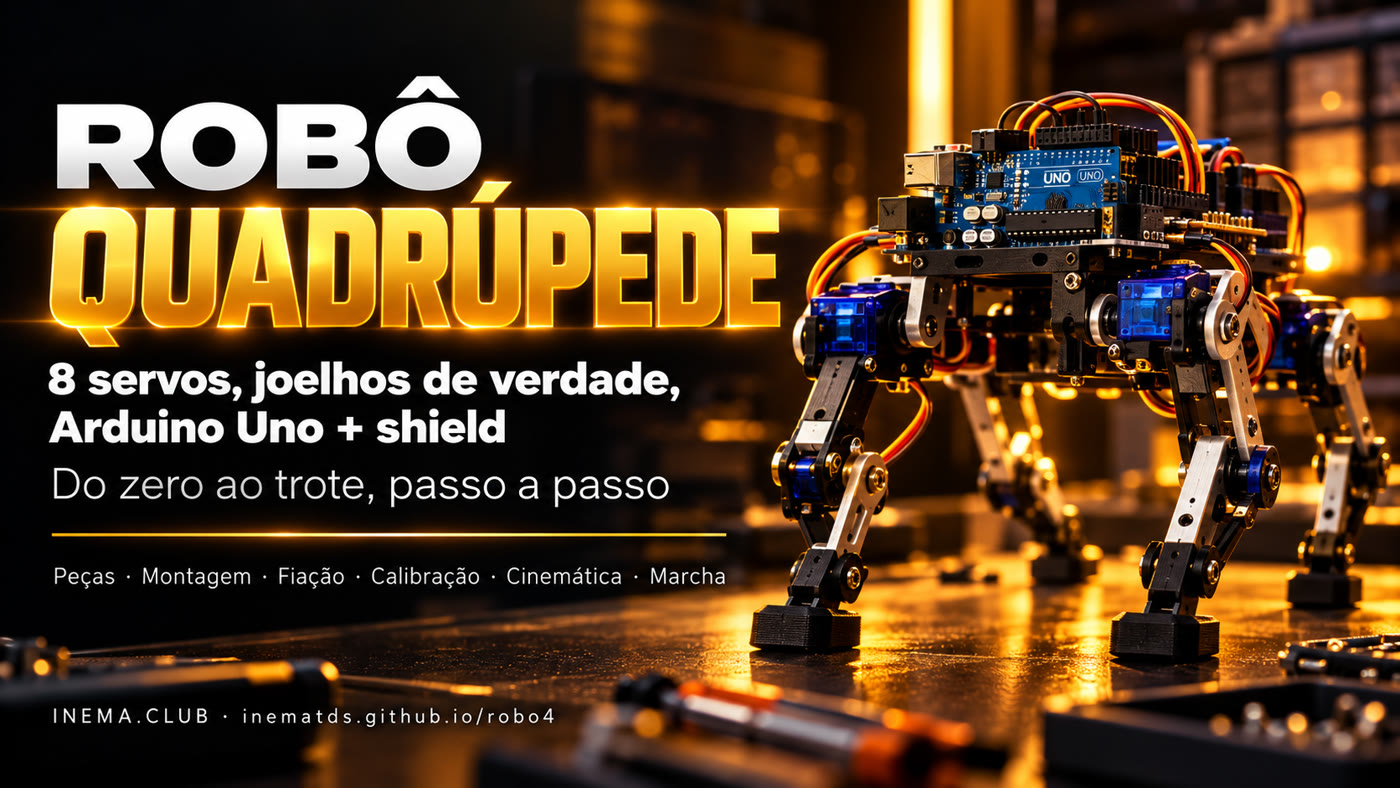 Banner do robo4: robô quadrúpede com 8 servos, Arduino Uno e shield