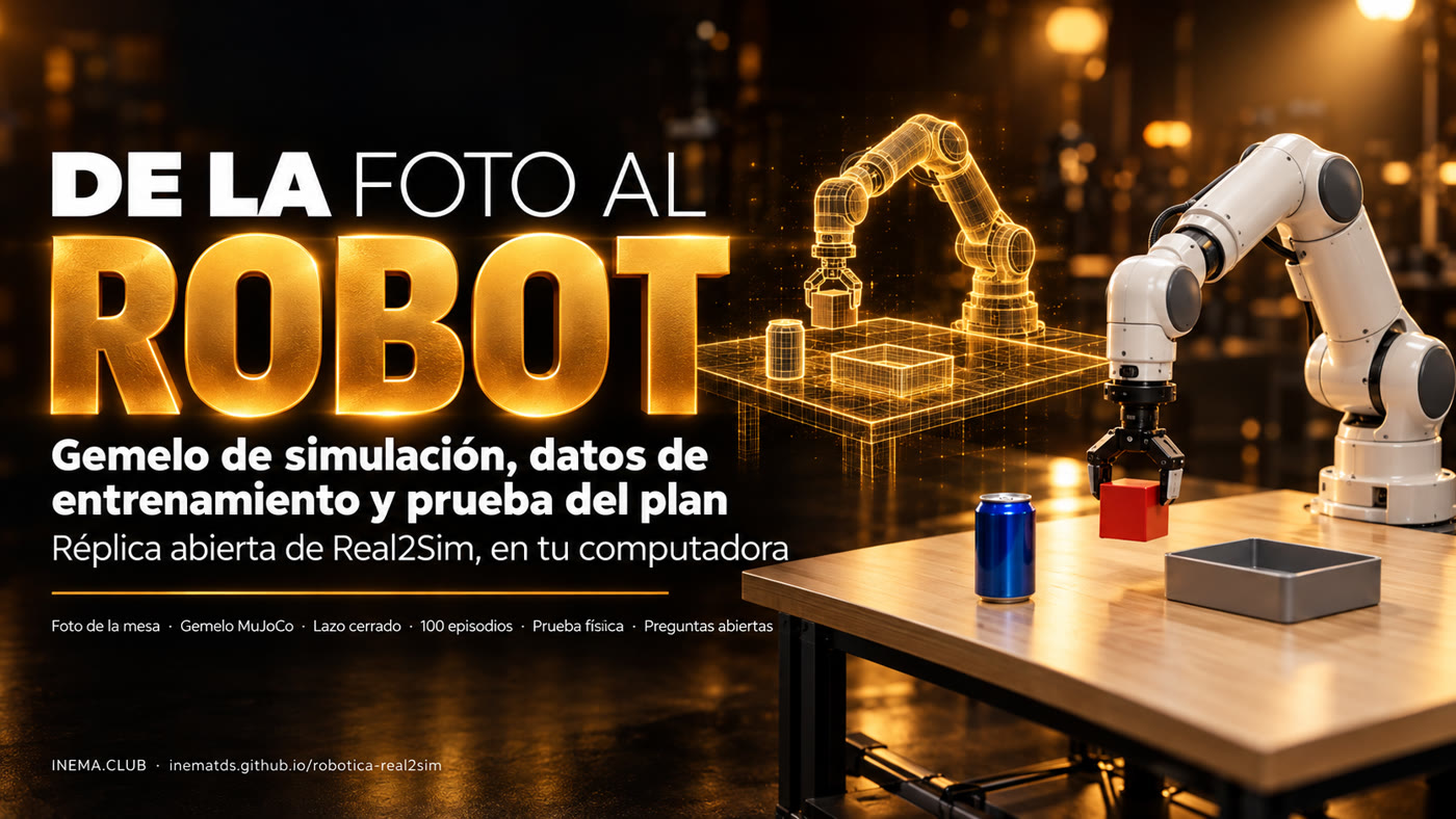 De la foto al robot: brazo robótico sobre la mesa y el gemelo de simulación al lado