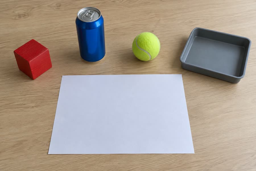 Foto de una mesa con cubo rojo, lata azul, pelota de tenis, bandeja y hoja A4