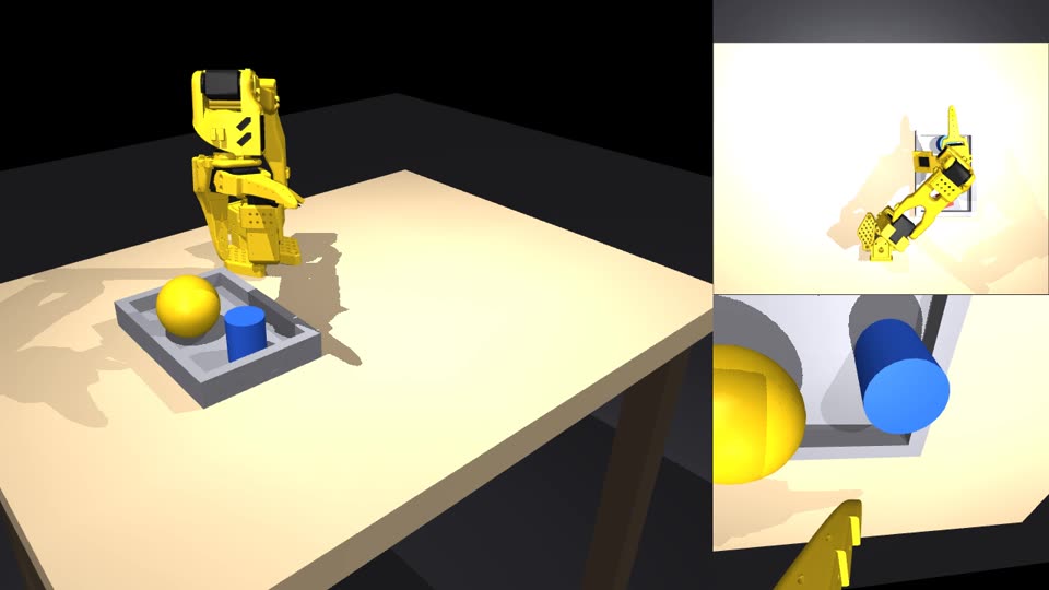 Cube, tennis ball and small pot side by side inside the tray