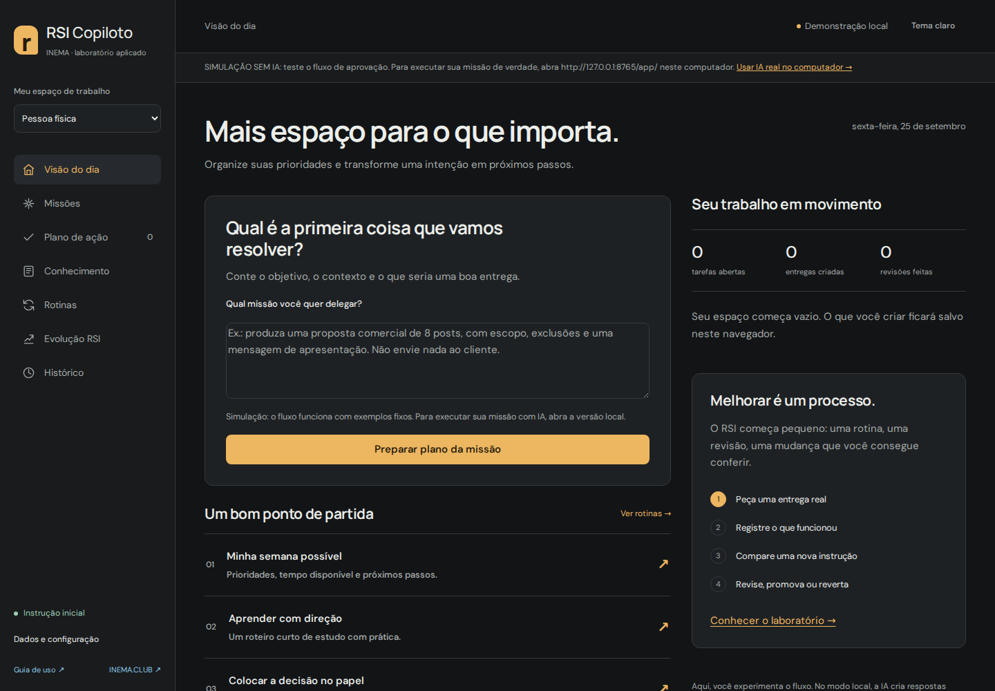 Actual RSI Copiloto screen in Portuguese: daily overview, routines, and improvement cycle