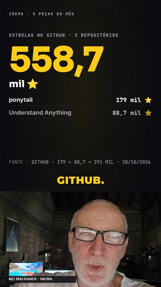 Contador de estrelas do GitHub pousado em 558,7 mil, com ponytail 179 mil e Understand Anything 88,7 mil, e a linha de fonte embaixo